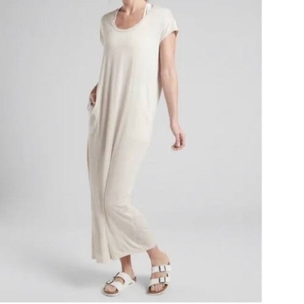 Athleta Martinique Maxi Dress Asiago White Semi-Sheer Drapey Summer Cover-Up M